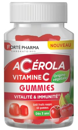 Forté Pharma - Acérola Gummies Vitamine C naturelle - Arôme naturel Fruits Rouges - Adulte et vitamine Enfant dès 3 ans - Complement alimentaire fatigue et défenses immunitaires - 60 gummies, 2/jour