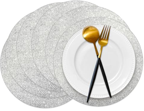 50 Pieces Silver Glitter Paper Place Mats Sparkle Round Disposable Table Mats Silver Sequin Doilies Decorative Placemats for Wedding Banquet Party Home Dining Tableware