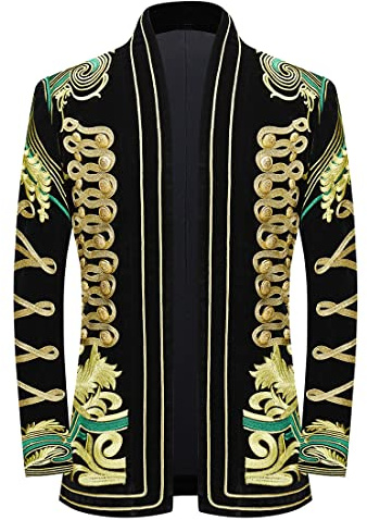PYJTRL Herr snygg hovprins svart sammet guld broderi blazer kostym jacka, Grön blomma, XS
