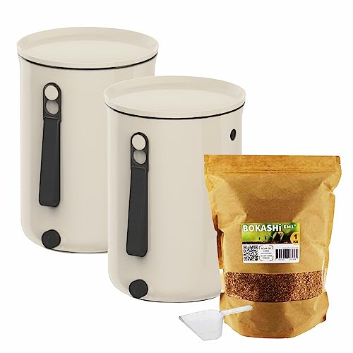Moutta | Set di 2 secchi Bokashi Organko 2 Bianco (9,6L) | Compostiera organica con compattatore + 1 kg di attivatore di fermentazione EM-1