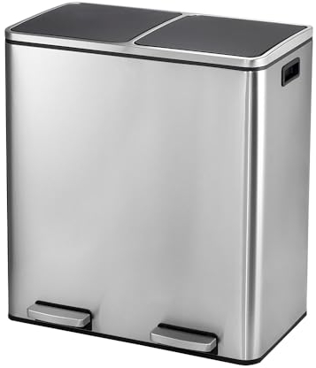 Panana Mülleimer, 2 x 30 L, 2 Fächer, Mülltrennsystem, Treteimer, Abfalleimer Küche, 15 Müllsäcke, aus Metall, Inneneimer aus Kunststoff, Klappdeckel, Schleißt sanft, (Silber + Schwarz)