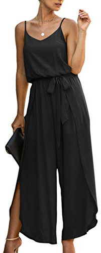 ASOMI Mono de verano para mujer, largo de verano, sexy, elegante, cinturón de moda, mono, boda, vacaciones, playa, cuello en V, traje de negocios, holgado, festivo, tirantes delgados, 84 Negro, XL