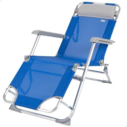 AKTIVE 62300 - Bain de Soleil Bleu Pliant et Inclinable avec Coussin, 3 Positions, en Aluminium et Textilène, Dimensions : 47X95X75cm, Poids Max Supporte 110 kg, Chaises Longues Pliantes pour la Plage