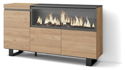 Skraut Home | Aparadores para salón | Gran Capacidad de almacenaje | 160 | 3 Puertas | Chimenea eléctrica XXL | Diseño Industrial | Estilo Moderno | Roble