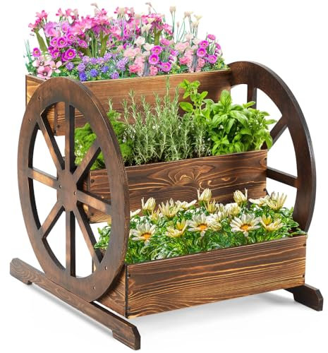 Beeveer 3 Tier Wooden Wagon Planter Box 24 x 24.5 x 22.5 Garden Planter for Outside Wood Planter Box with Drainage Holes Decorative Planters for Patio Garden Balcony Vegetables Flowers Herbs