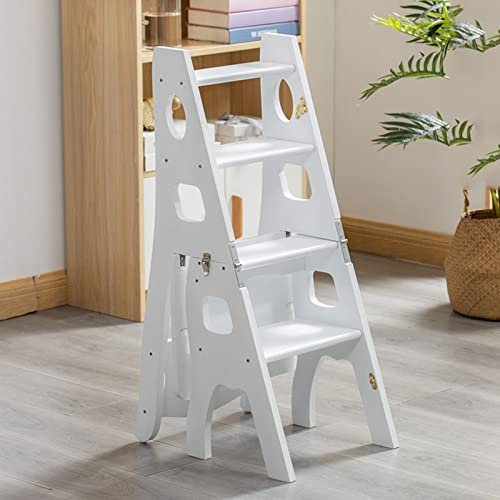 4 Step Folding Wooden Step Stool Ladder Chair Lightweight Anti Slip Stairway Chair for Kitchen and Library Use