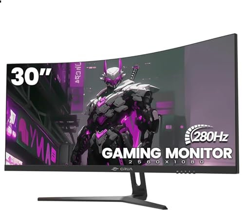 CRUA 32 Inch Curved Gaming Monitor, WFHD 2560x1080, 280Hz, 0.5ms, 1500R VA Panel, 99% sRGB, AMD FreeSync, HDMI & DisplayPort, Ultra-Wide PC Monitor for Gaming & Office, Wall Mountable – Black