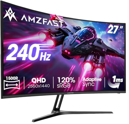 Amzfast 27 Inch 240Hz Curved Gaming Monitor, 1500R VA, QHD 2K (2560x1440p), 2500:1 Contrast, Adaptive Sync, 1ms MPRT, Ai Crosshair, HDR, 120% sRGB, VESA100x100mm, HDMI 2.0&DP1.4 - AMZG27C1Q Pro