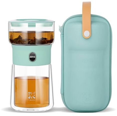 ZENS Klein Solo Teekanne Glas mit Sieb, One-Touch Teezubereiter für Losen Tee mit 200ml Isolierter Tasse, Magic Tea Maker for Teezubereitung mit Hellblau Tragetasche, Geschenke für Teeliebhaber
