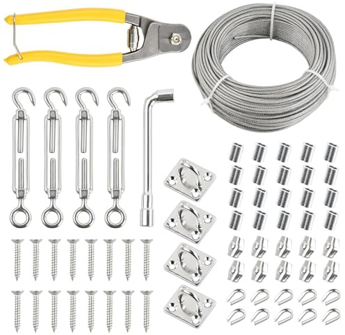 67 Pcs Kit Cuerda Tendedero Exterior, 50m Cable Acero 3mm con 4 Tensores de Alambre, 20 Lazo de Engarce, 10 Abrazaderas, 10 Guardacabos Cable, Tensor Cuerda Tendedero para Jardín, Recubierto PVC 7x7