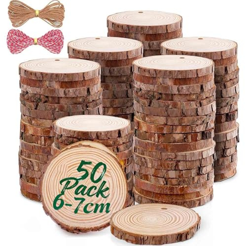 50PCS Natural Wood Slices Log Slices 6-7cm Unfinished Predrilled Wooden Discs for Crafts, Wooden Circles with Hole and Jute Twine Tree Slices with Bark for DIY Arts Christmas Craft Ornaments