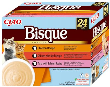 INABA Ciao Bisque Gatos - Receta Saludable de Crema de Pollo y Atún con Salmón - Comida Húmeda - Alimento Complementario Natural, sin Cereales, sin Conservantes ni Colorantes - 960g (24 Sobres x 40g)