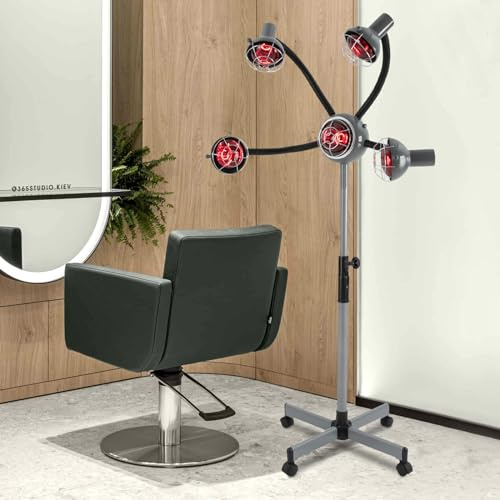 Gdetnysty 5 cabezas infrarrojos peluquería lámpara calefactora altura ajustable soporte 112 – 136 cm con 4 ruedas 750 W regulación de temperatura 40 – 80 °C blanco para peluquería profesional