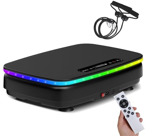 DH FitLife Pedana Vibrante per Casa | 0–99 Livelli con Timer | 9 Programmi Automatici | Silenziosa con Ventose | Luci LED & Altoparlante Bluetooth | Bande di Resistenza Incluse | Portata 150 kg
