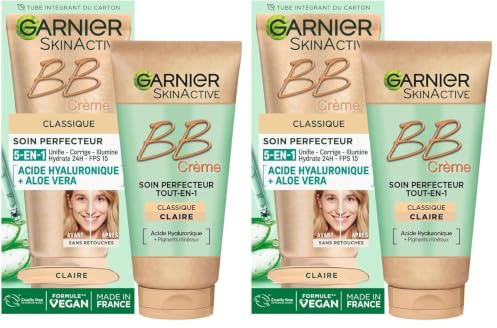 GARNIER Skin Active - BB Crème - Soin Perfecteur Tout-En-1 - Unifie, Matifie & Hydrate - FPS 25 - Acide Hyaluronique & Aloe Vera - Vegan & Cruelty Free - Peaux Mixtes à Grasses - Teinte Claire - 50 ml