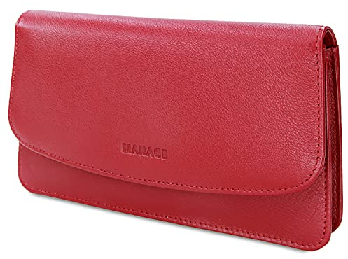 MANAGE Kosmetiktasche Damen mit Spiegel - Schminktasche klein aus echtem Leder - edle Clutch Rot 18,5x10x3,5cm