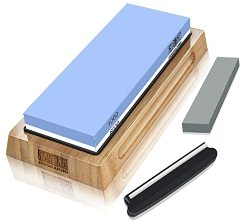 HOSHANHO Schleifstein Messer [Verbreitert Größe], Körnung 1000/6000 Abziehstein Wetzstein Professionell 2-IN-1 Doppelseitiger mit Abrichtstein und Winkelführung, Blau/Weiß