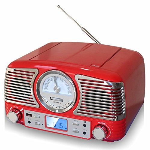 TechPlay QT62BT Stereo-CD, Lautsprecher Boxen Bluetooth, Musikanlage, Retro-Design, mit AM/FM-Drehknopf, kabelloser Bluetooth-Empfang und USB-Port, mit AUX-Eingang und Kopfhöreranschluss rot