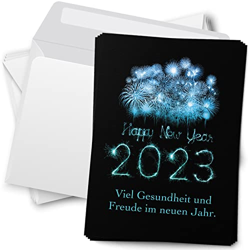 Einladungskarten Manufaktur Hamburg 10 Neujahrs-Karten (blaues Feuerwerk 2026) im Postkarten Format mit Umschlag Happy New Year 26 Neues Jahr Silvester Neujahr