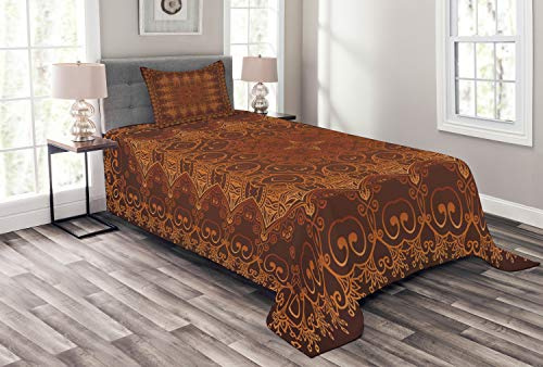 ABAKUHAUS Jahrgang Tagesdecke Set, Spitze, Gestepptes 3-teiliges Bettdecken-Set mit 2 Kissenbezügen, für Einselbetten 170 x 220 cm, Orange Braun