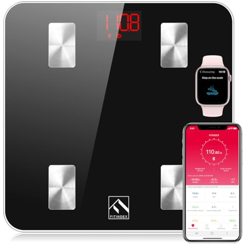 FITINDEX Báscula para peso corporal, elegible por FSA HSA, báscula inteligente con IMC, grasa corporal, masa muscular, analizador de composición corporal de alta precisión con aplicación, báscula