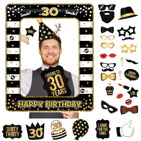 POPOYU Decoraciones de cumpleaños número 30 para hombres y mujeres, marco inflable para selfies y 34 accesorios para cabina de fotos de 30 cumpleaños, marco inflable gigante para decoración de fiesta