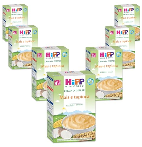 HiPP - Crema di Cereali Istantanea per Neonati, con Mais e Tapioca 100% Biologici, Senza Glutine, 7 Confezioni da 200 gr, Crema di Mais e Tapioca Neonati, Pappa Pronta Neonato