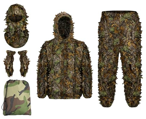 Ginsco Ghillie Suit Full Face Mask Gloves Set XL/XXL, 3D Leafy Camo Suit, Ghillie Suit for Men, Camoflage Woodland Pants Jacket Hood for Outdoor Turkey Hunting Sniper Photography with Storage Bag