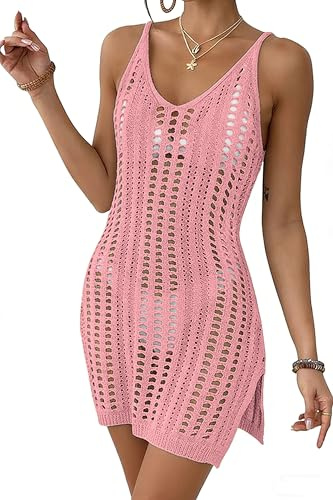 Timuspo Bikini Cover Up dam ärmlös strandklänning, virkad klänning, V-ringad baddräkter, överkast, sidoslits, strandtunika, ROSA, XL