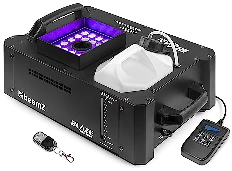 BeamZ BLAZE1800 - Máquina de humo vertical y horizontal RGBA, 1800 W, 24 LEDs de 4 W, tanque de 2,8 L, con indicador, DMX o modos autónomo, ideal para crear fiestas de DJ o conciertos