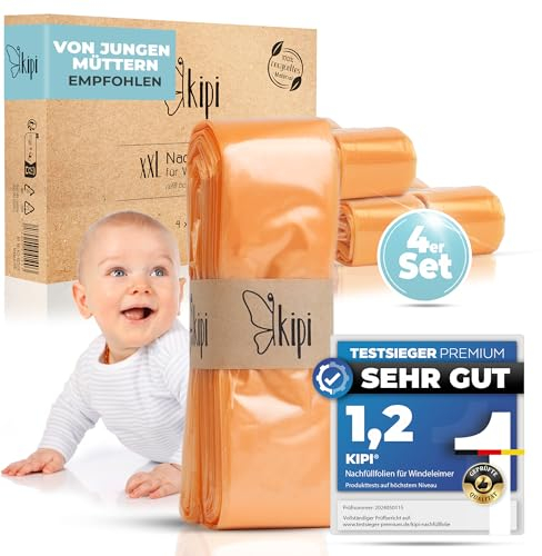 Kipi XXL Nachfüllfolie für Windeleimer - 4 Stück Nachfüllkassetten für Runde & Achteckige Modelle, Extrem Ergiebig, Geruchsdichte Windeltüte