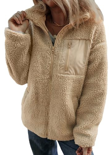 Dokotoo Winter Clothing for Women Casual Solid Long Sleeve Jackets Open Front Full Zipper Up Warm Fleece Sherpa Jackets with Pockets Cute Lapel Collar Teddy Coats for Women Outerwear Khaki Large