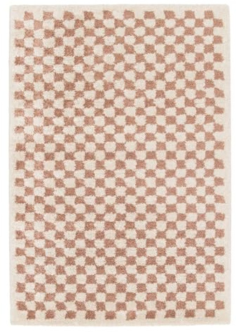 sweeek - Tapis intérieur Shaggy Poils Longs 80x150cm Damier Vieux Rose et crème
