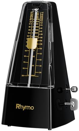 Rhymo Metrónomo Mecánico Analógico,Movimiento mejorado, 40-208 BPM, Ritmos Precisos para Piano, Guitarra, Bajo, Ukelele, Violín y Batería (Negro)