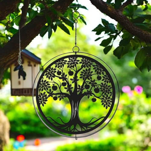 Black Metal Apple Tree Hanging Silhouette Orbit Spinner – 39cm x 23cm | Wind Spinner for Garden, Patio & Home Décor