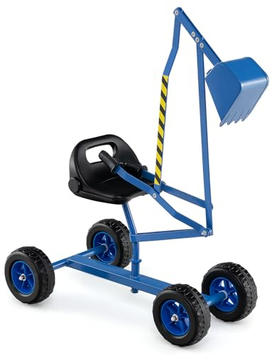 Costzon Excavadora de arena para niños, juguete de excavación para montar al aire libre con asiento giratorio de 360°, marco de metal resistente, control manual dual y 4 ruedas, excavadora de caja de