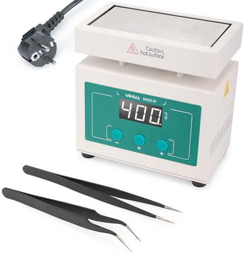 YIHUA 946D-IV 100×50mm Piastra Riscaldante in Alluminio, 50–400°C Stazione di Preriscaldamento a Temperatura Regolabile, Piastra Calda per Saldatura con 2 Pinzette, Controllo PID Temperatura(EU Plug)