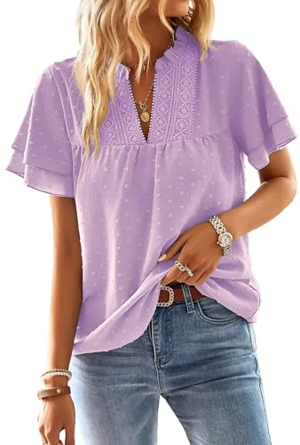 TUUHAW Camicia Donna Estiva Scollo a V Casual T-Shirt con Volant Manica Corta Boho Top Allentate Maglietta Elegante Blusa Pizzo Camicetta Vintage Tinta Unita Classico Abbigliamento Viola Chiaro XL