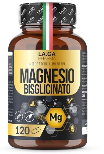 MAGNESIO BISGLICINATO (Fornitura Fino a 4 Mesi), Magnesio Completo 120 Capsule con Vitamine B5, B6 e B1. Integratore Stanchezza e Stress. Senza Glutine e Senza Lattosio, Made In Italy. LAGA PHARMA