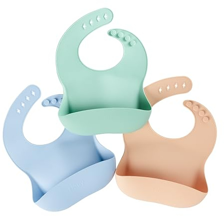 Nuby Pack de 3 Baberos de Silicona para Bebé Niño – Impermeables y Fáciles de Limpiar – Suaves y Flexibles – Correas Ajustables – Bolsillo Recoge-Comida – Baberos para Bebé y Pequeño