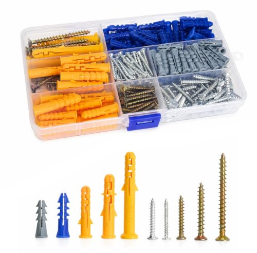 Kit tacos y tornillos 270 piezas 5 medidas con caja organizadora | Incluye 135 tacos y 135 tornillos de acero al carbono 1022A en cinco medidas para fijaciones ligeras de pared