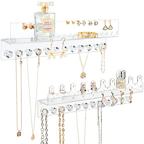 Oaque Acrylic Hanging Jewelry Organizer Wall Mounted Jewelry Holder with Floating Shelf, Necklace Holder Organizer, Stud Earring Organizer and Ring Holder for Women Girls (2 Pack)