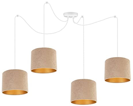 Light-Home Milan Spider Hängelampe - Hängeleuchte in Spinnenform - Deckenlampe – Spinne Lampe mit 4 Kopf - Hängeleuchte aus Metall und Stoff - E27 - Beige und Gold - Weißes Kabel