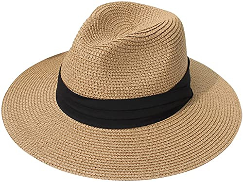 Lanzom Women Wide Brim Straw Panama Roll up Hat Fedora Beach Sun Hat UPF50+ 002-fold Belt Brown