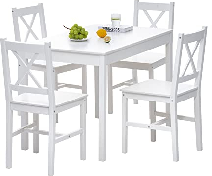 JINPALAY Conjunto Mesa y 4 Sillas Comedor Cocina de Madera Pino Blanca Moderno Mesa Cocina con Sillas 108 cm x 65 cm x 75 cm (Blanca)