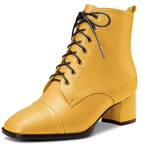 Saekcted Donna Chunky Blocco Basso Gattini Tacco Heel Quadrata Punta Stivaletti Lacci Cerniera Stivali Giallo 38 EU