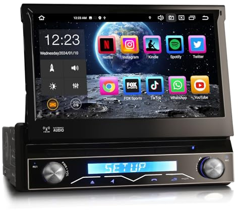 Erisin 7 Pulgadas Android 14.0 1 DIN Desmontable Coche Estéreo de Automóvil GPS Reproductor De DVD Dab+ Radio Pantalla Táctil Bluetooth Incorporado DSP CarPlay Android Auto WiFi OBD2 4GB RAM+64GB ROM