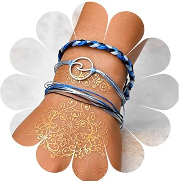 Allereya Vintage Layered Blue String Wave Bracelet Ocean Wave Bracelet Braided Rope Bracelet Beach Surfer Hand Chain Bracelet Jewelry for Women and Girls