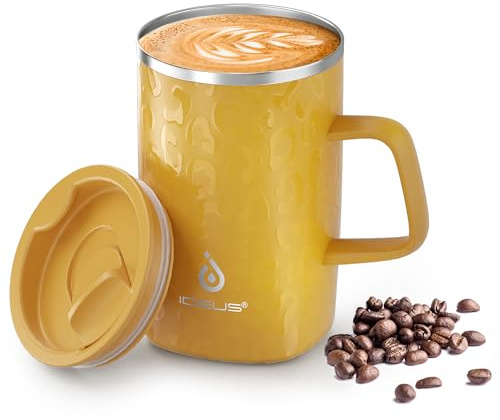 Ideus 16 oz Insulated Stainless Steel Coffee Mug with Lid, Leopard Honey | 18/8 Stainless Steel | Double Wall Vacuum | 3D Print Finish | Sweat-Free Exterior | Sliding Lid | Ideal for Home & Office