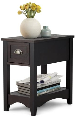 GIANTEX Mesita Auxiliar Lateral Retro con Cajón y Estante Abierto, Mesa de Noche Rectangular con Patas de Madera Maciza, Estrecha para Espacios Pequeños,Sala de Estar,Dormitorio (Nogal, 1)